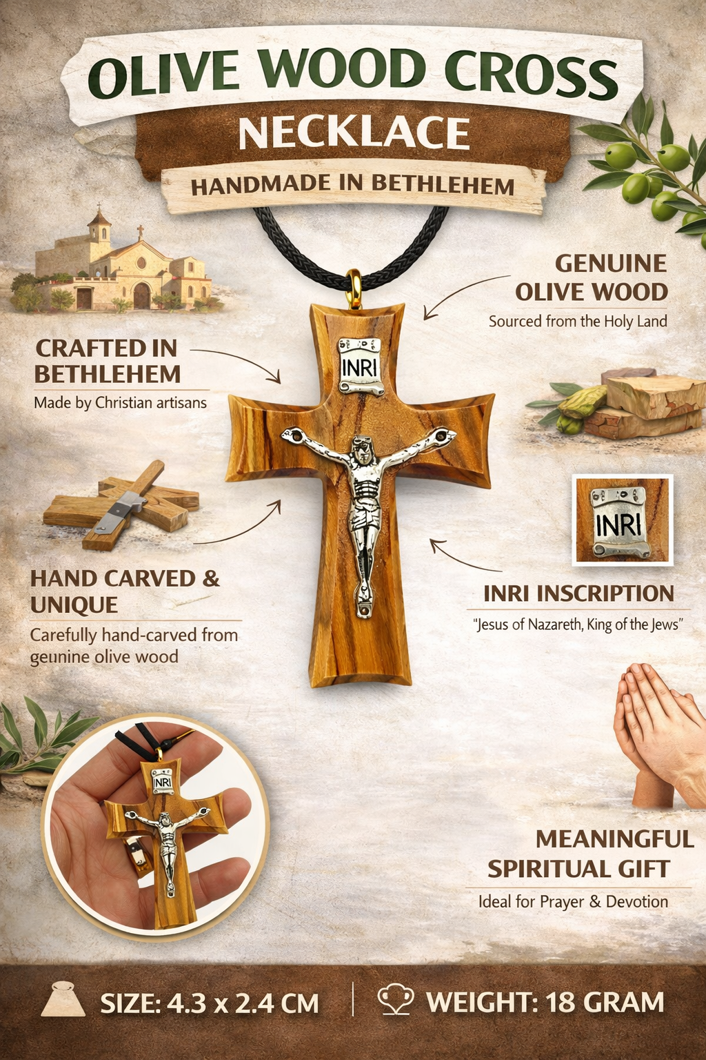 Handmade Olive Wood Cross Necklace from Bethlehem – Christian Crucifix Pendant with INRI – Holy Land Jewelry Gift