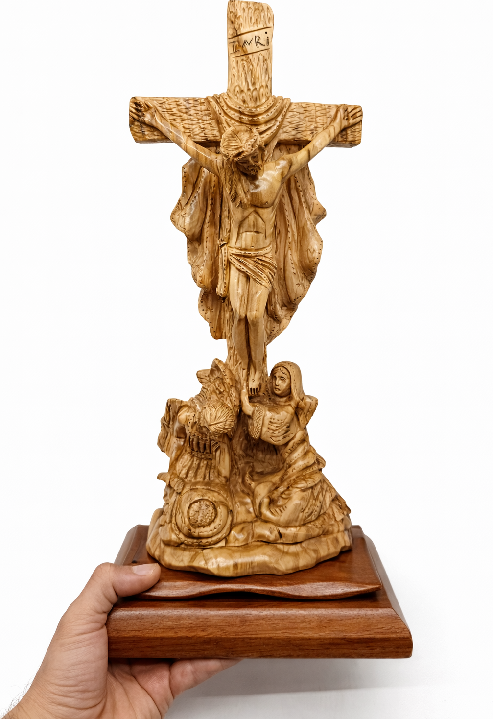 Hand-Carved Olive Wood Crucifix from Bethlehem – Jesus on the Cross – Large Christian Wall & Table Sculpture — 17.9 Inch