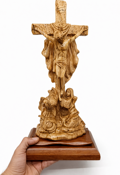 Hand-Carved Olive Wood Crucifix from Bethlehem – Jesus on the Cross – Large Christian Wall & Table Sculpture — 17.9 Inch