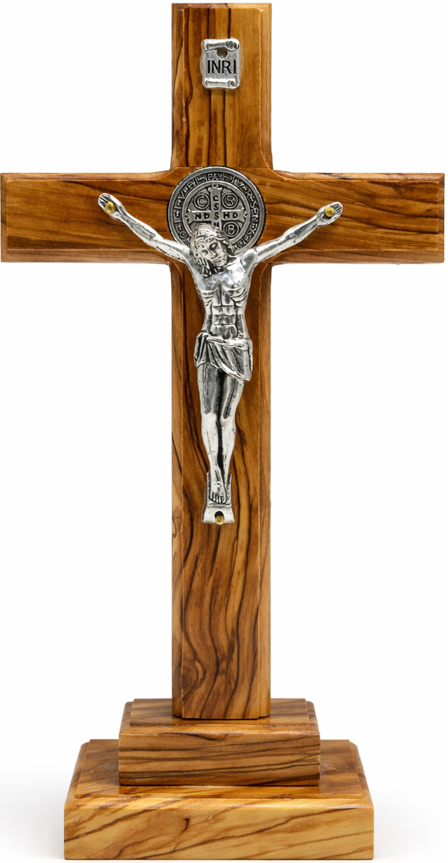 Handmade Olive Wood Saint Benedict Crucifix from Bethlehem – Catholic Standing Cross with Base, Silver Corpus & INRI Plaque – Holy Land Christian Gift (Multiple Sizes)
