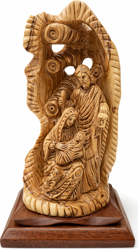 Hand-Carved Olive Wood Holy Family Statue from Bethlehem – Baby Jesus, Virgin Mary & Saint Joseph – Large Christian Nativity Sculpture