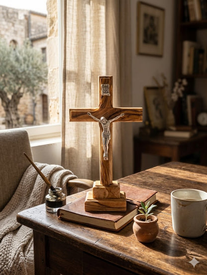 Handmade Olive Wood Crucifix from Bethlehem – Christian Cross with Metal Corpus & INRI – Holy Land Gift (4 Sizes)