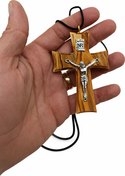 Handmade Olive Wood Cross Necklace from Bethlehem – Christian Crucifix Pendant with INRI – Holy Land Jewelry Gift