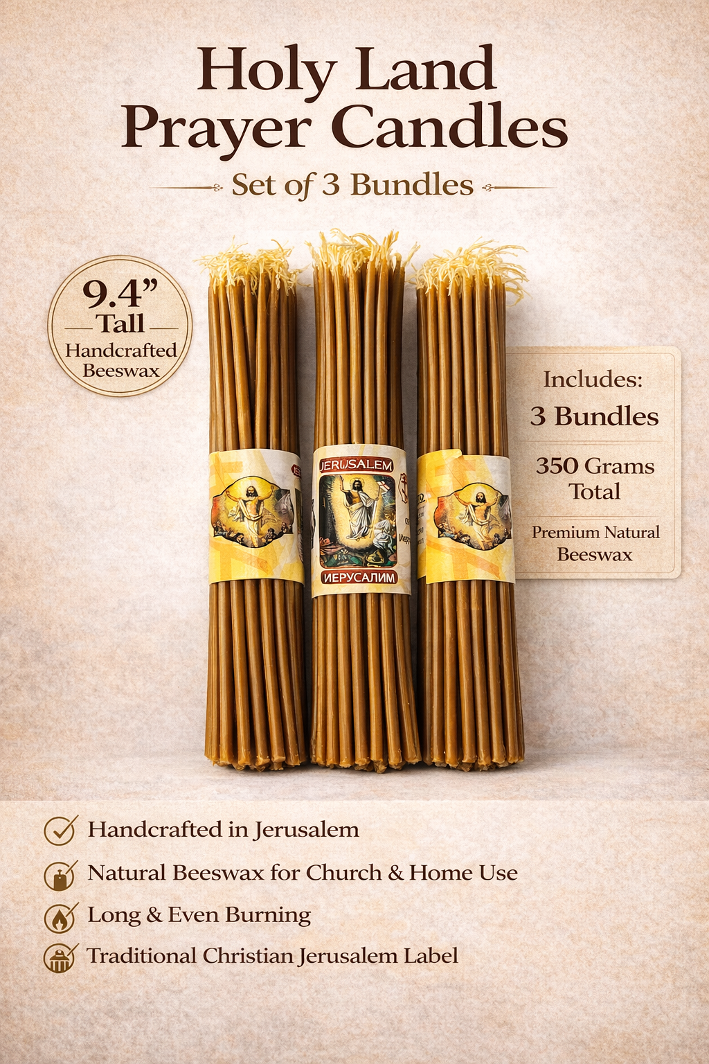 Holy Land Beeswax Prayer Candles (3-Pack) – 9.6" Long | Handmade in Jerusalem | 300g Total Weight
