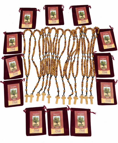 Set of 12 Olive Wood Rosaries Handmade in Bethlehem – 15.3” Catholic Wooden Rosary with Cross – Includes 12 Velvet Bags & 12 Certificates – Holy Land Bulk Gift Set
