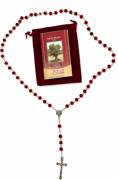 Red Catholic Rosary with Silver-Tone Crucifix – 18.8” Prayer Beads – Includes Velvet Bag & Certificate – Available as Single Rosary or Set of 3 – Christian Gift