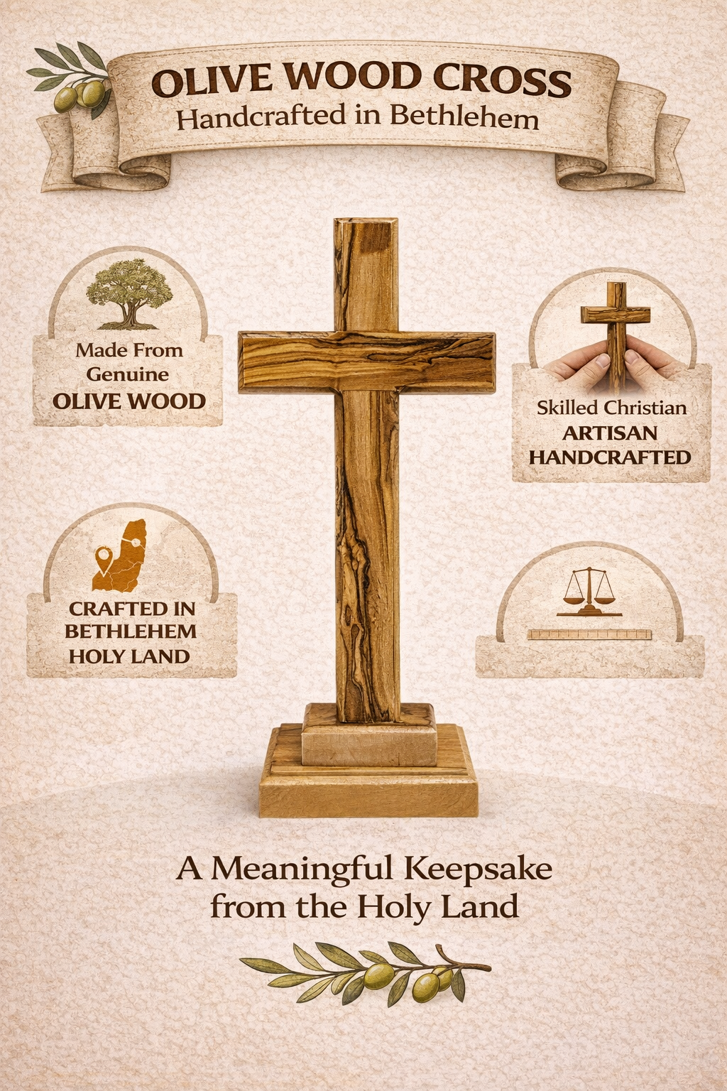 Handmade Olive Wood Cross from Bethlehem – Christian Cross Decor, Holy Land Gift – 6.1" 7.5" 9.25" 11.2" Sizes