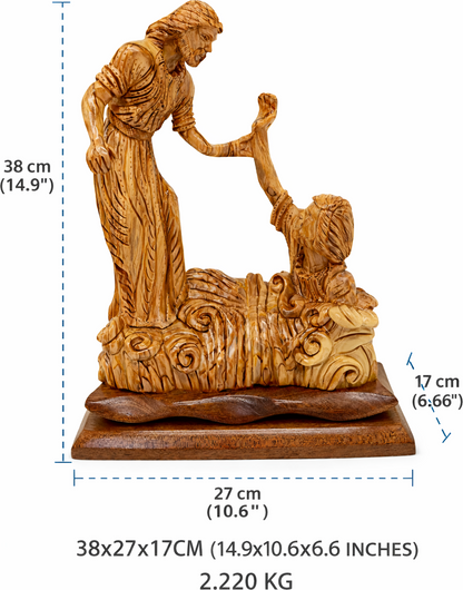 Hand Carved Olive Wood Jesus Saves Peter Statue | Handmade in Bethlehem, Holy Land — 14.8 Inch