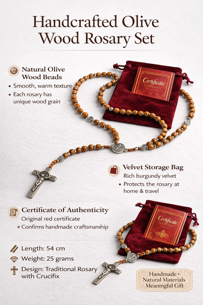 Olive Wood Rosary with Metal Crucifix & Medals | Classic Prayer Rosary