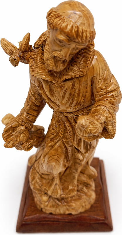 Hand Carved Olive Wood St. Francis of Assisi Statue | Handmade Bethlehem Holy Land Christian Sculpture — 13.1 Inch