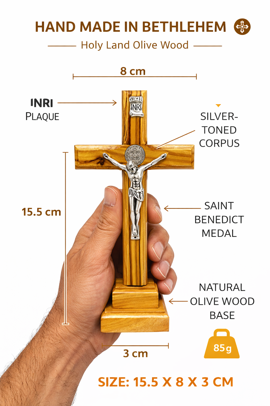 Handmade Olive Wood Saint Benedict Crucifix from Bethlehem – Catholic Standing Cross with - Additional View 11