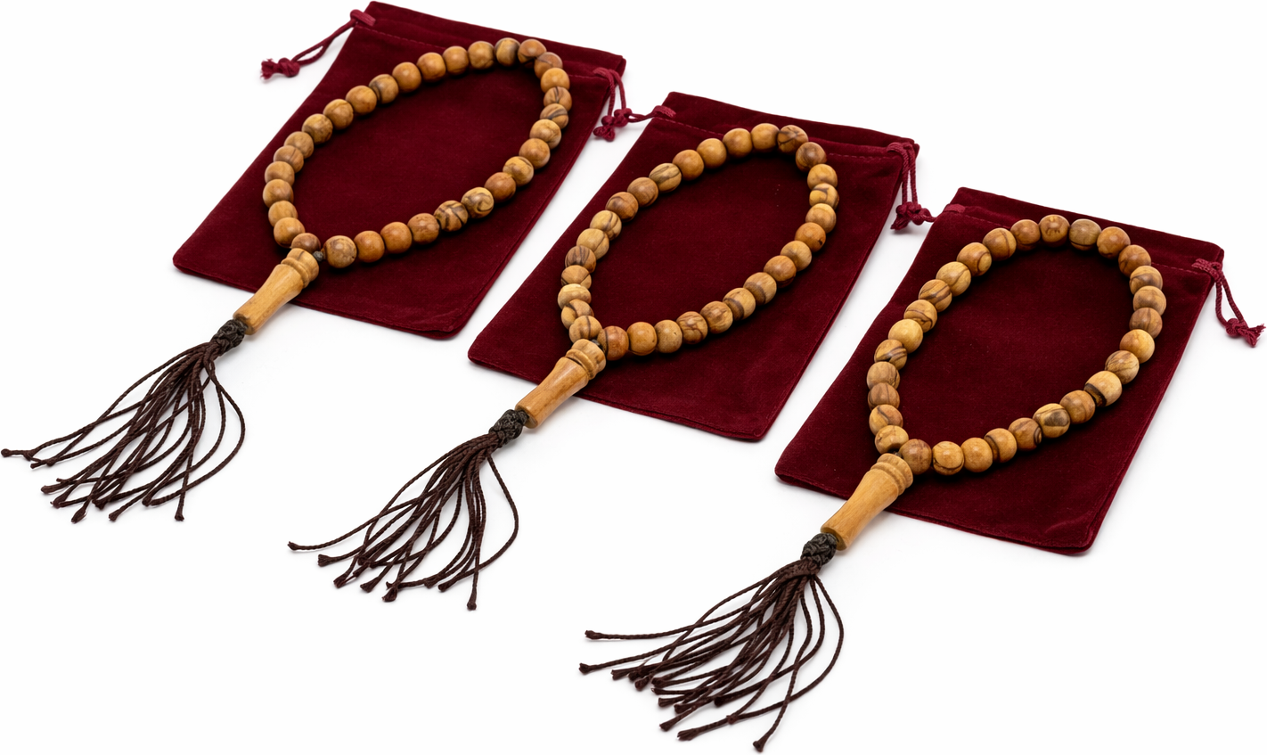 Olive Wood Prayer Beads 25 cm with Tassel, Handmade Wooden Worry Beads with Velvet Pouch, Smooth Round Beads for Prayer, Meditation & Daily Carry