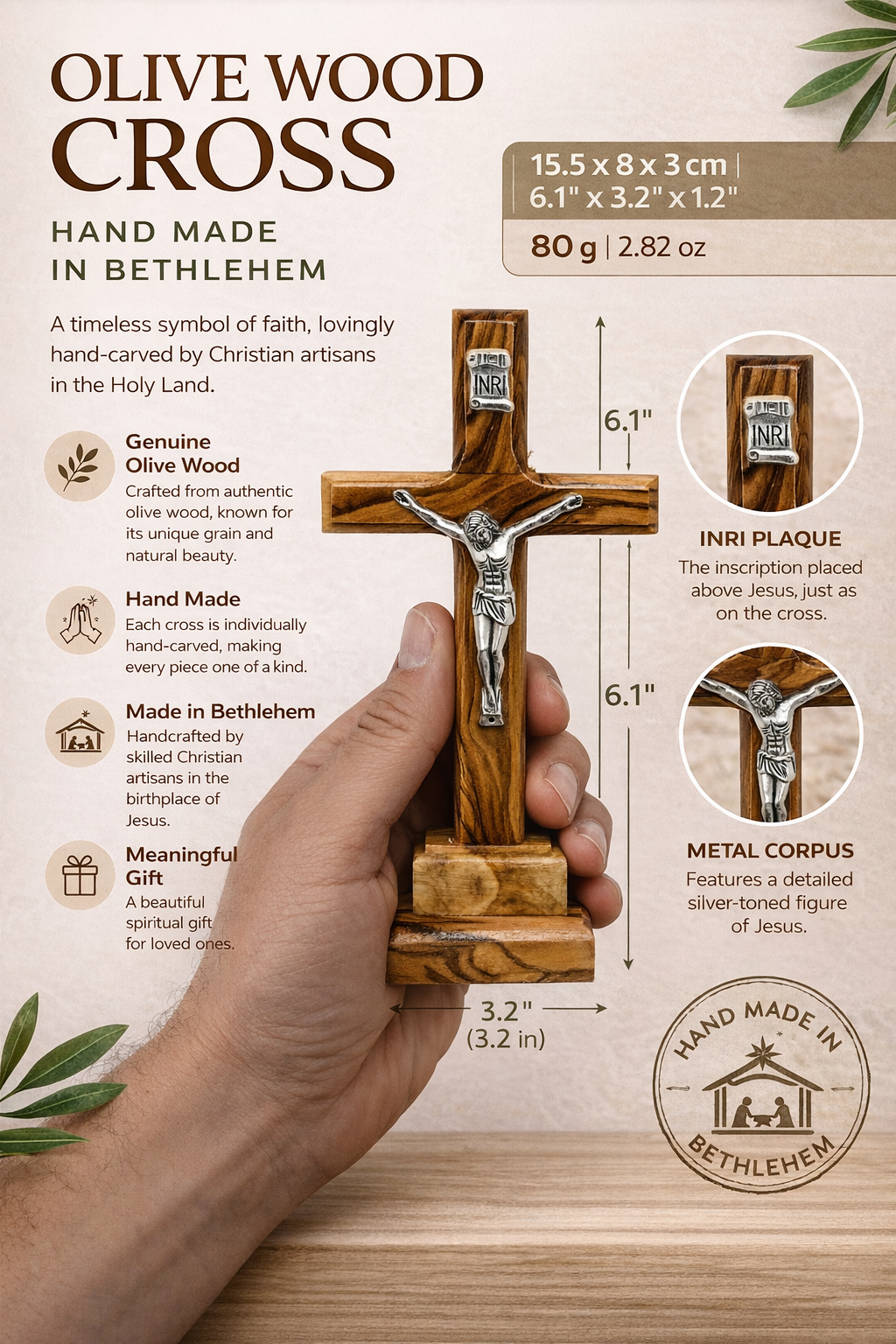 Handmade Olive Wood Crucifix from Bethlehem – Christian Cross with Metal Corpus & INRI – Holy Land Gift (4 Sizes)