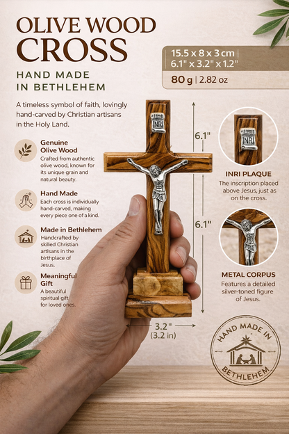 Handmade Olive Wood Crucifix from Bethlehem – Christian Cross with Metal Corpus & INRI – Holy Land Gift (4 Sizes)