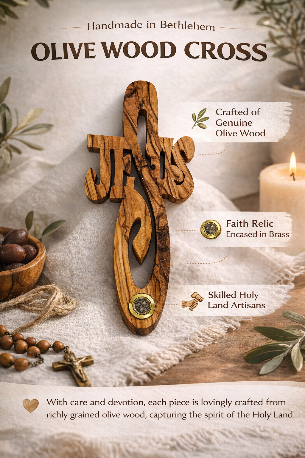 Handmade Olive Wood Jesus Cross from Bethlehem with Bethlehem Soil – Christian Wall Cross – 7" (18 cm)