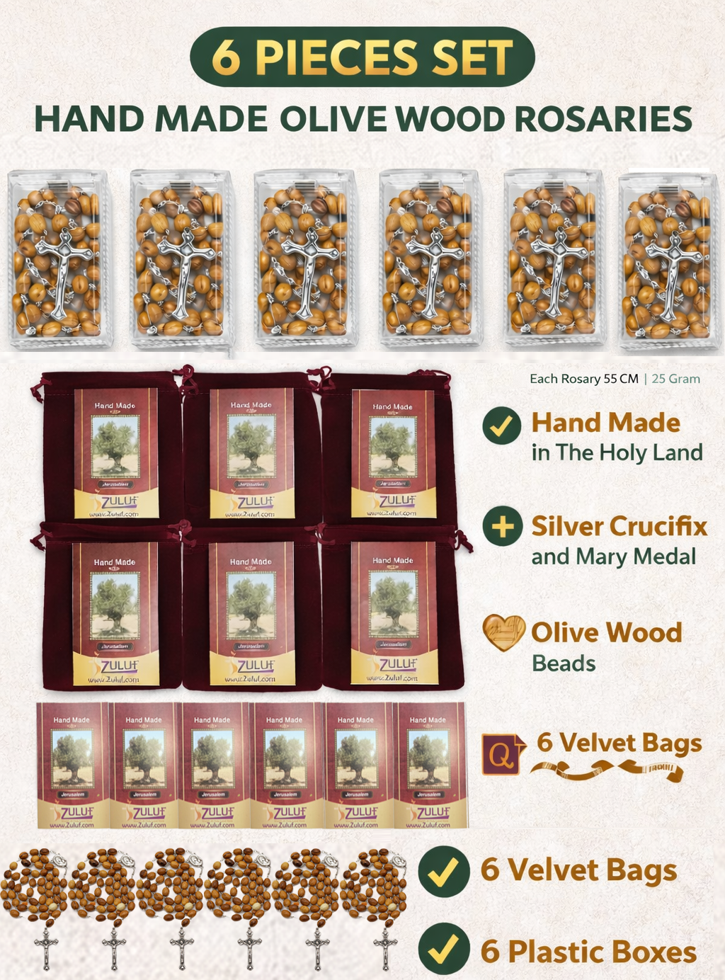 Olive Wood Rosary Handmade in Bethlehem – 21.6” Catholic Rosary with Metal Crucifix – Includes Velvet Bag, Plastic Gift Box & Certificate – Available in 1, 3 or 6 Pieces