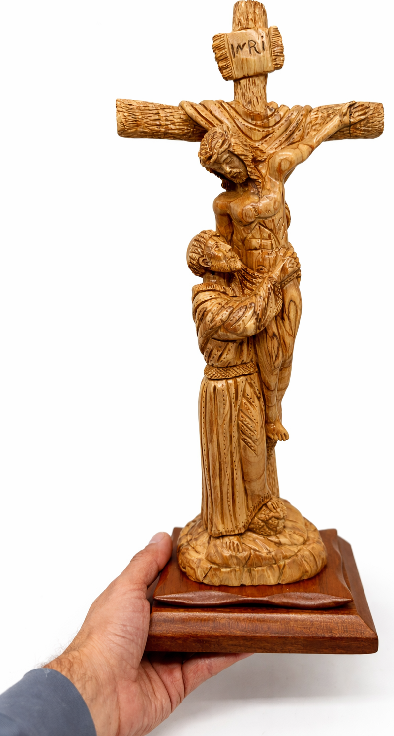 Hand-Carved Olive Wood Crucifix with Saint Figure from Bethlehem – Jesus on the Cross – Large Holy Land Christian Sculpture — 18.3 Inch