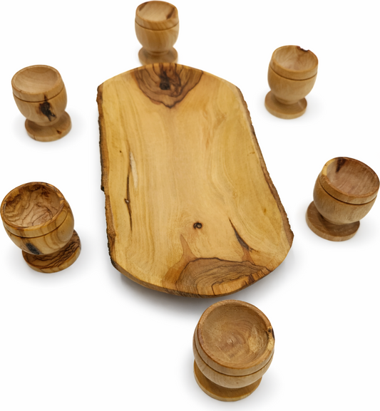 Olive Wood Mini Communion Cups Set of 6 with Bread Dish – Handmade in Bethlehem from Genuine Holy Land Olive Wood