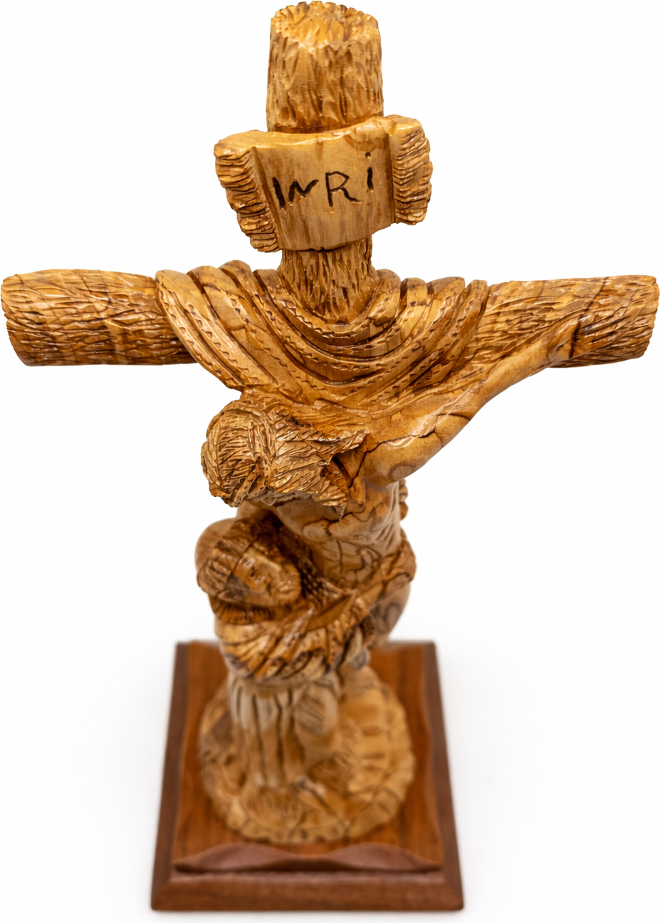 Hand-Carved Olive Wood Crucifix with Saint Figure from Bethlehem – Jesus on the Cross – Large Holy Land Christian Sculpture — 18.3 Inch