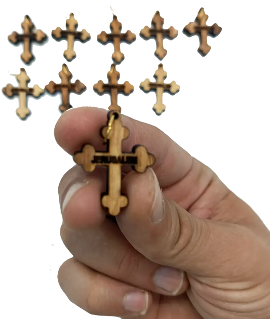 Engraved jerusalem wooden cross pendant – 1.25’’ x 0.98’’ trefoil faith charm with holy land inscription - charm