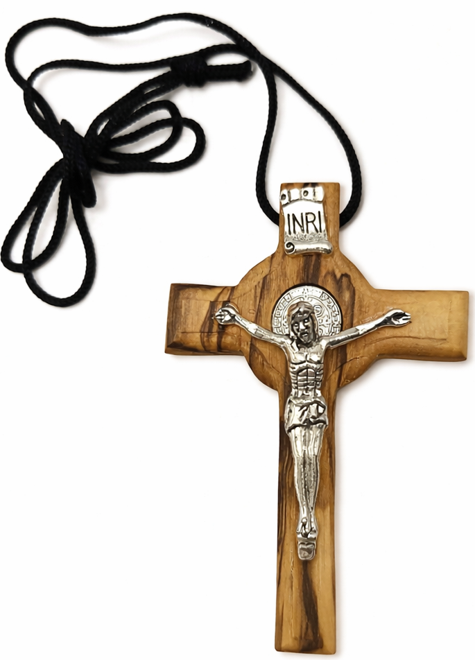 Handmade Olive Wood Saint Benedict Crucifix from Bethlehem – Catholic Cross with Cord, Velvet Bag and Certificate, 7.5 x 4.8 x 1.6 cm, 20g 3.0 Inches