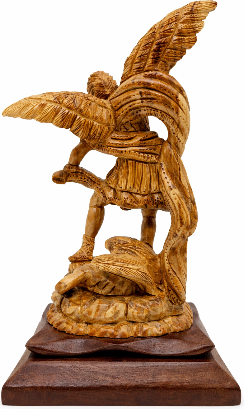 Hand Carved Olive Wood St. Michael the Archangel Statue 11” | Handmade Bethlehem Holy Land Christian Sculpture