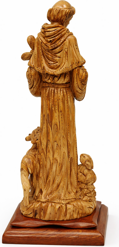 Saint Francis of Assisi Olive Wood Statue – Hand Carved in Bethlehem, Holy Land Christian Figurine (18.1 x 6.7 x 5.9 in) — 17.6 Inch