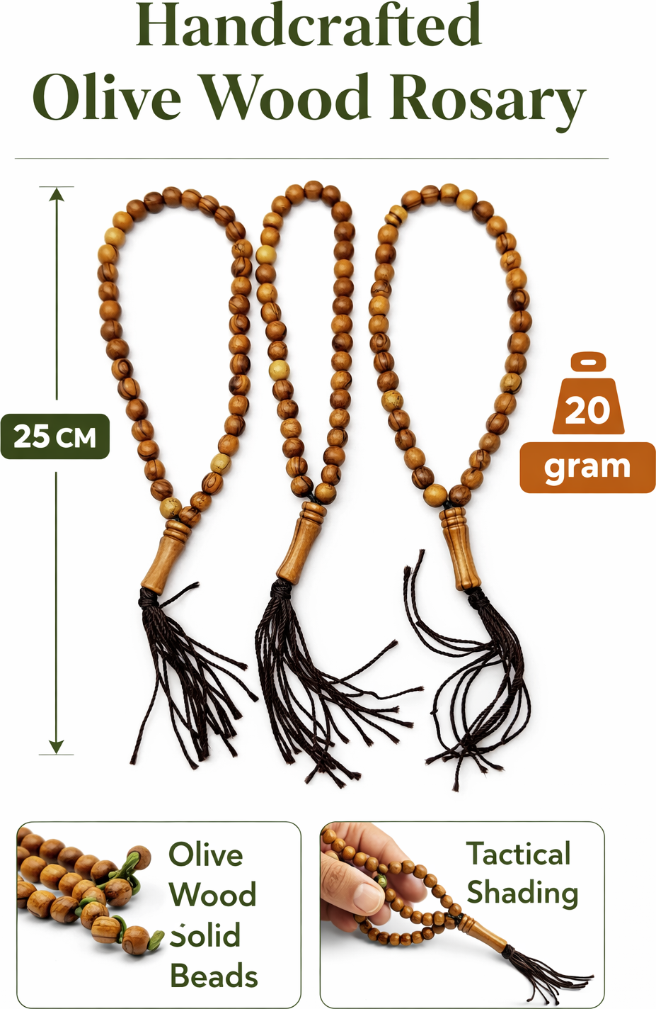 Olive Wood Prayer Beads 25 cm with Tassel, Handmade Wooden Worry Beads with Velvet Pouch, Smooth Round Beads for Prayer, Meditation & Daily Carry