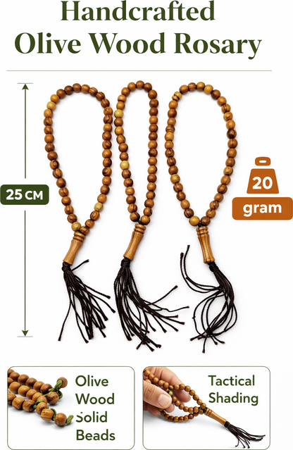 Olive Wood Prayer Beads 25 cm with Tassel, Handmade Wooden Worry Beads with Velvet Pouch, Smooth Round Beads for Prayer, Meditation & Daily Carry