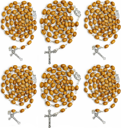 Olive Wood Rosary Handmade in Bethlehem – 23.6” Catholic Wooden Rosary with Silver Crucifix – Set of 3 or 6 – Includes Velvet Bags & Certificates – Holy Land Christian Gift