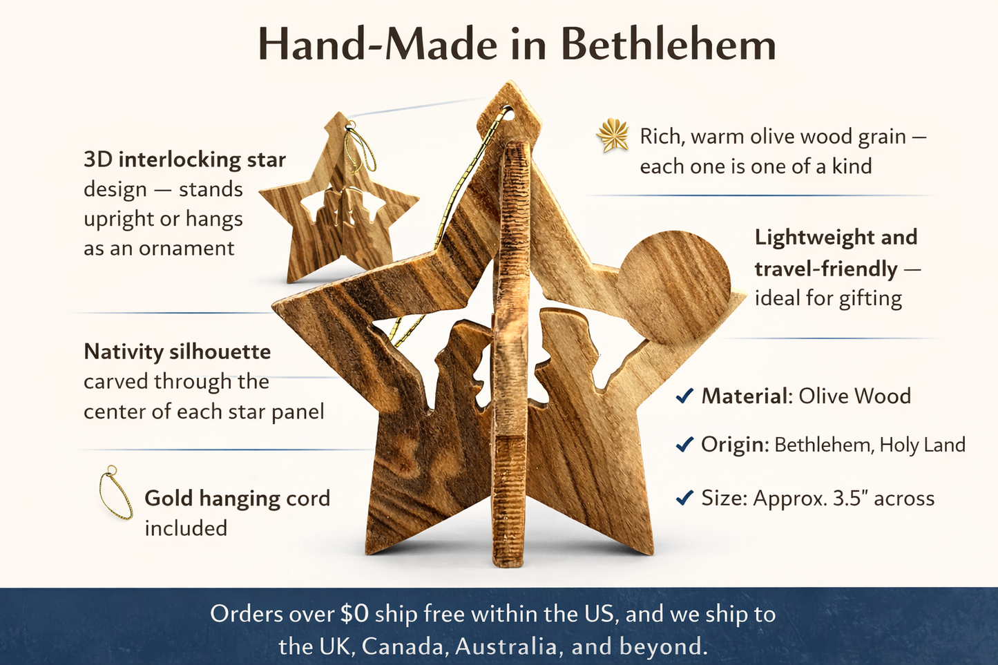 Hand-Carved 3D Olive Wood Star Nativity Ornament from Bethlehem