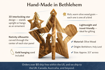 Hand-Carved 3D Olive Wood Star Nativity Ornament from Bethlehem