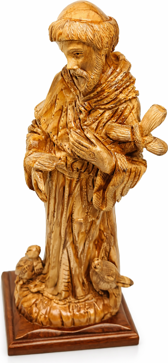 Saint Francis of Assisi Olive Wood Statue – Hand Carved in Bethlehem, Holy Land Christian Figurine (18.1 x 6.7 x 5.9 in) — 17.6 Inch