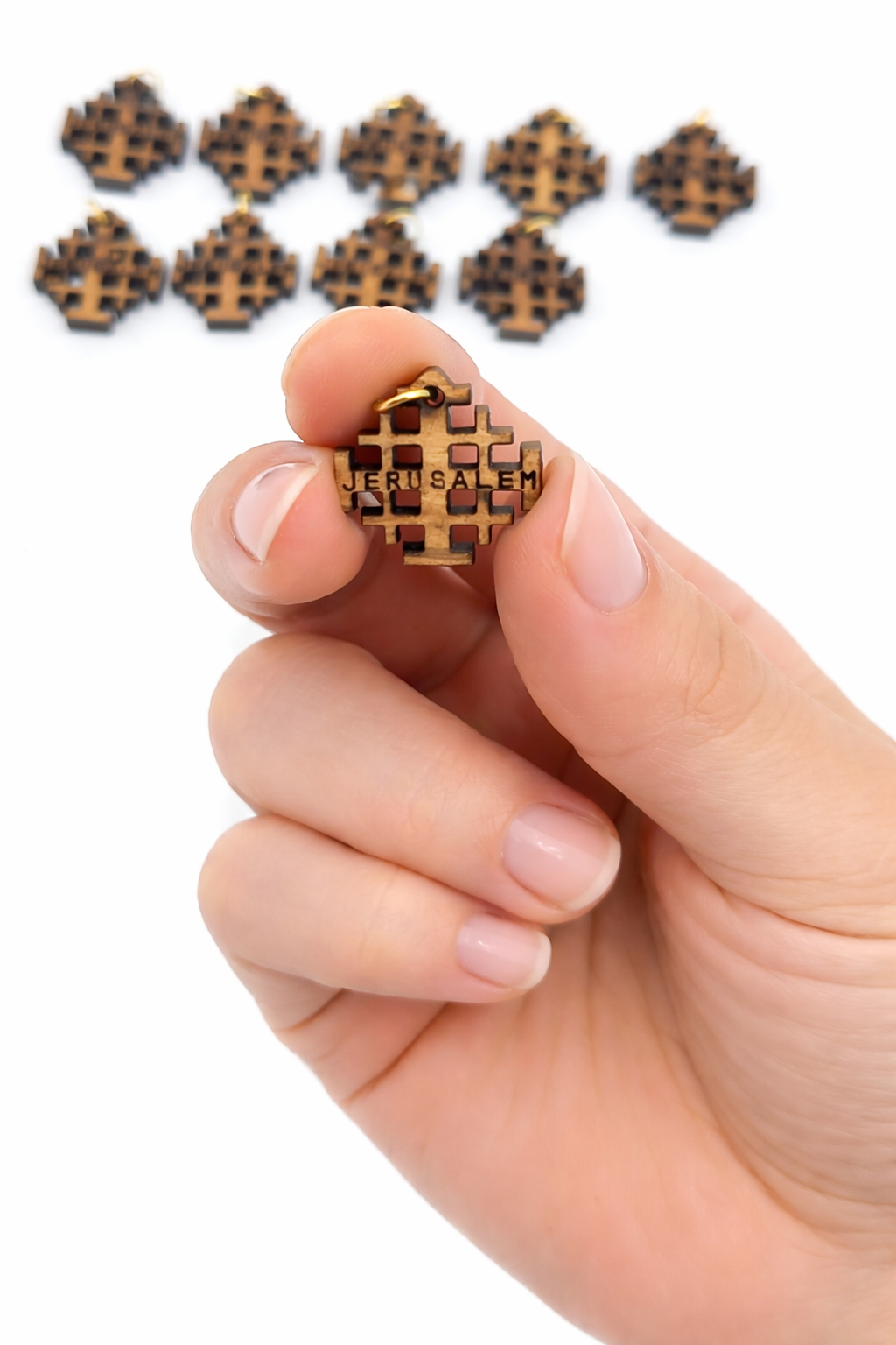Jerusalem Cross Wooden Charm Pendant – 0.8" x 0.8" Compact Laser-Cut Religious Keepsake - Additional View 4