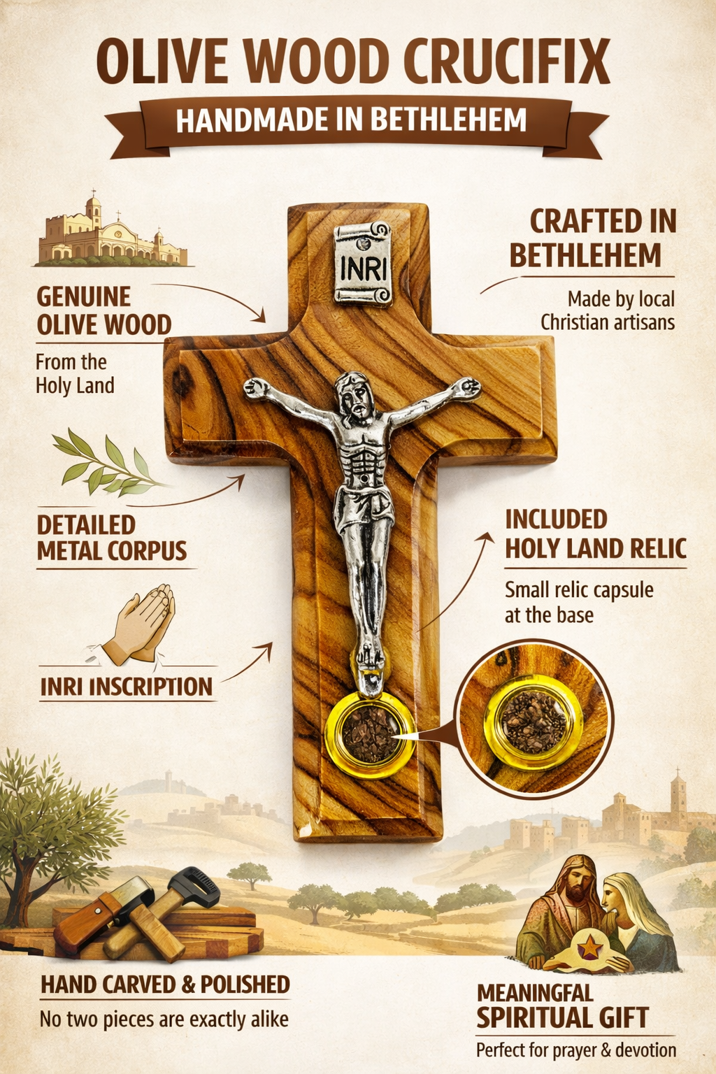 Olive Wood Wall Crucifix with INRI and Holy Land Relic from Bethlehem 3.6 Inches