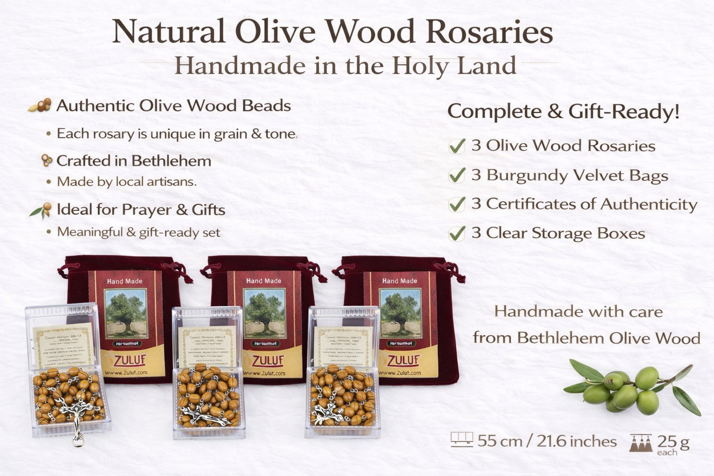 Olive Wood Rosary Handmade in Bethlehem – 21.6” Catholic Rosary with Metal Crucifix – Includes Velvet Bag, Plastic Gift Box & Certificate – Available in 1, 3 or 6 Pieces
