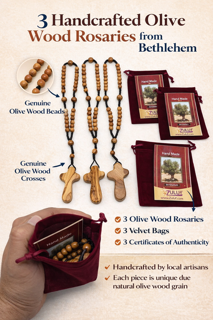 Olive Wood Rosary Handmade in Bethlehem – 11” Catholic Wooden Rosary with 33 Beads – Available as 1 Piece or Set of 3 – Includes Velvet Bag & Certificate – Holy Land Gift