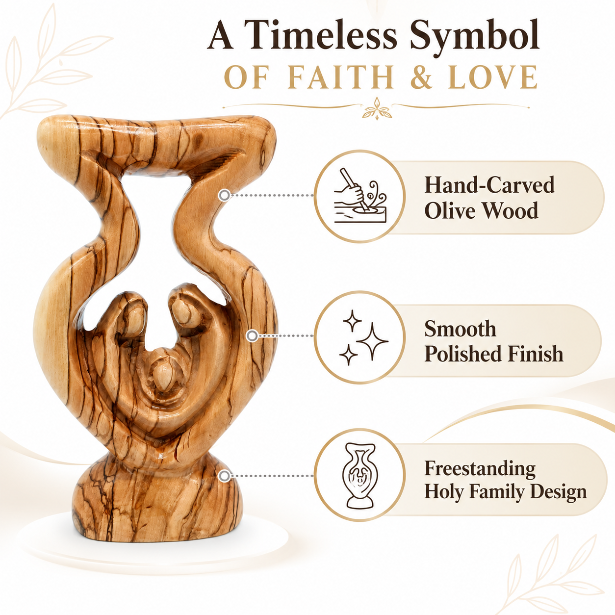 Freestanding Holy Family faith statue olive wood