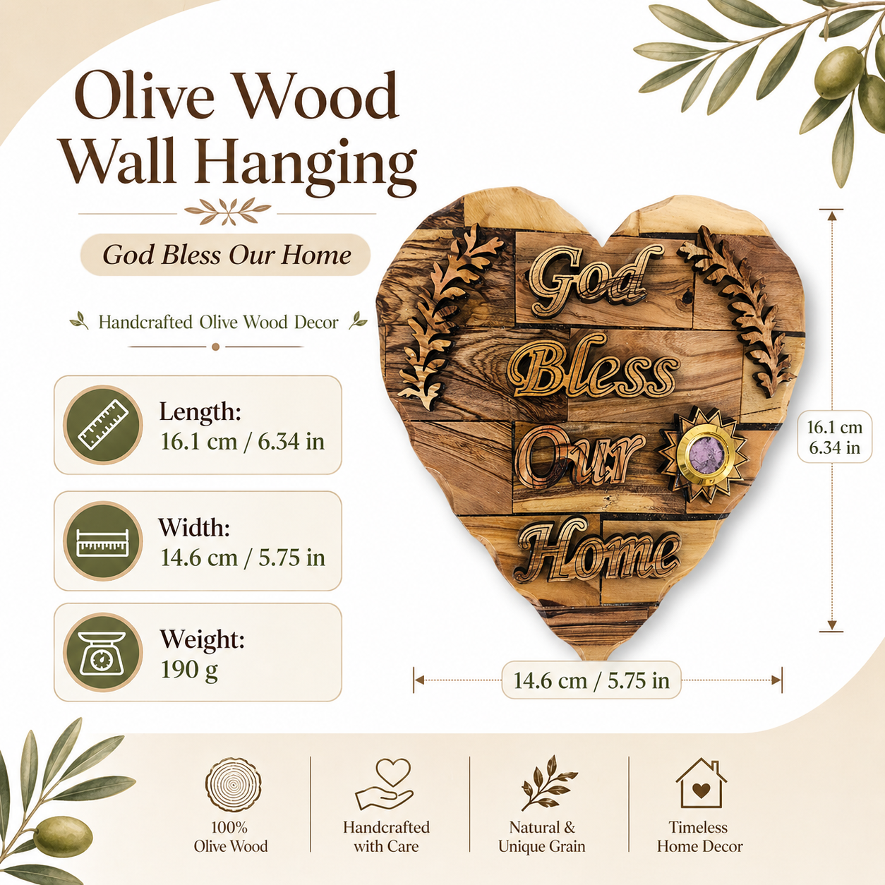 Olive wood God Bless Our Home heart plaque displayed against archway with olive branches, Bethlehem