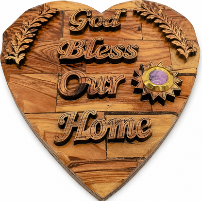 Olive wood God Bless Our Home heart plaque shown held in hand for size reference, Bethlehem