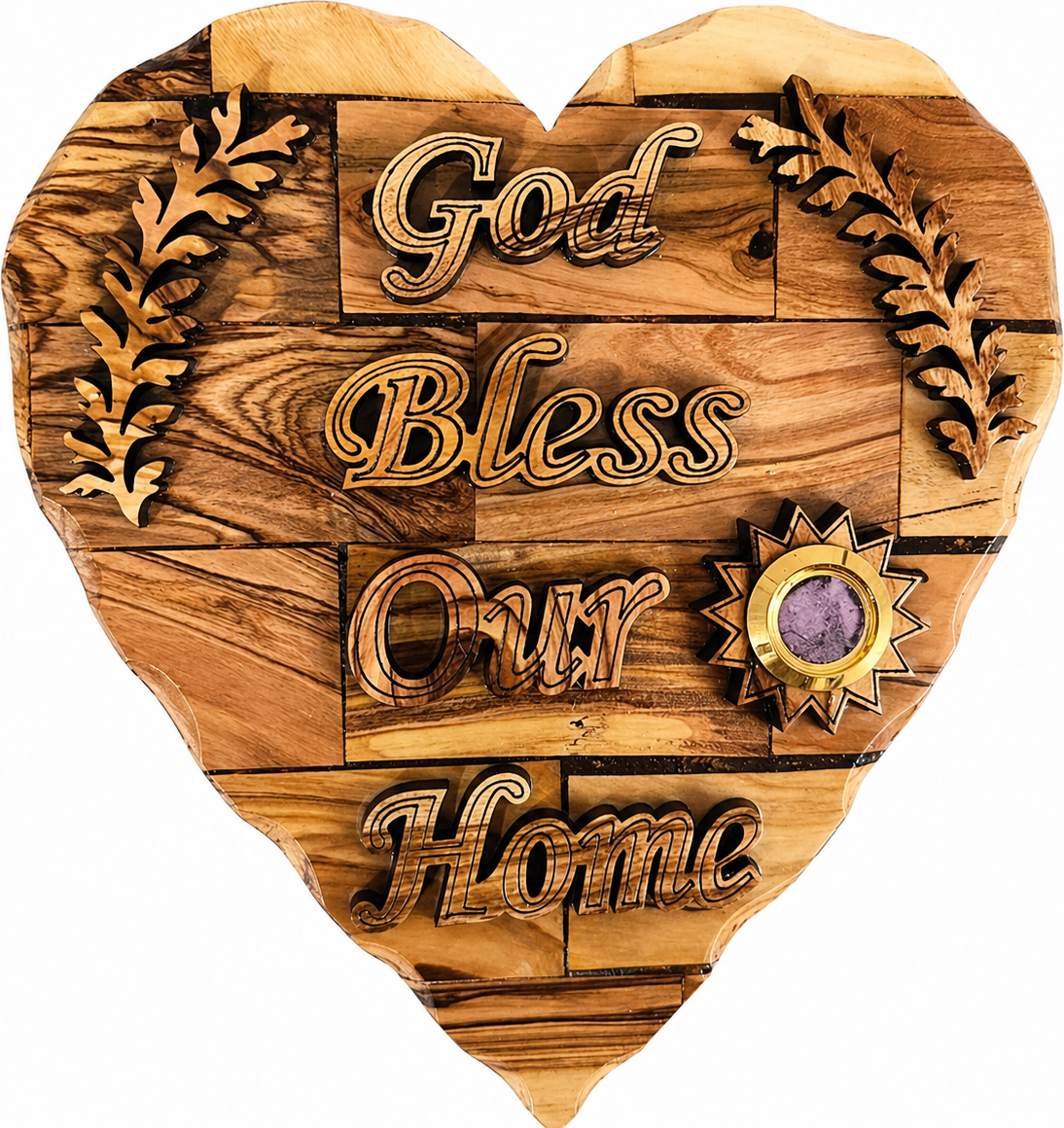 Olive wood God Bless Our Home heart plaque with hand carved olive branches and frankincense capsule, Bethlehem