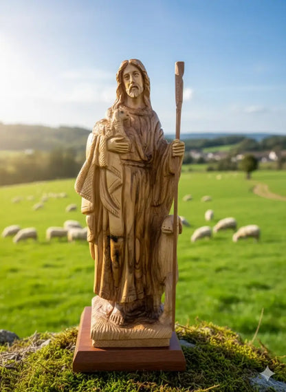 The good shepherd olive wood statue of jesus with sheep from bethlehem holy land - figures