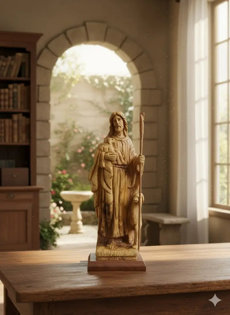 The good shepherd olive wood statue of jesus with sheep from bethlehem holy land - figures