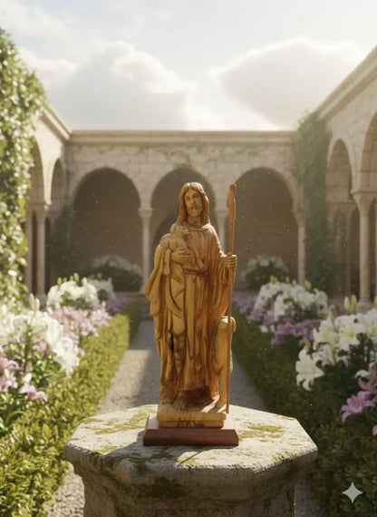 The good shepherd olive wood statue of jesus with sheep from bethlehem holy land - figures