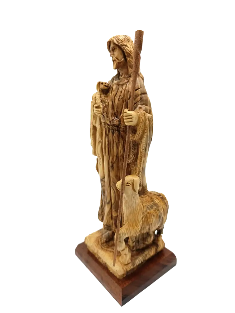 The good shepherd olive wood statue of jesus with sheep from bethlehem holy land - figures
