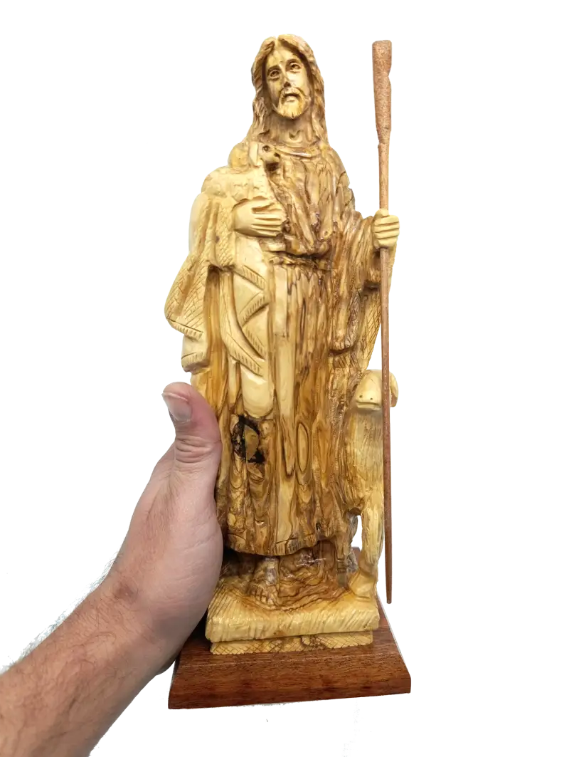 The good shepherd olive wood statue of jesus with sheep from bethlehem holy land - figures