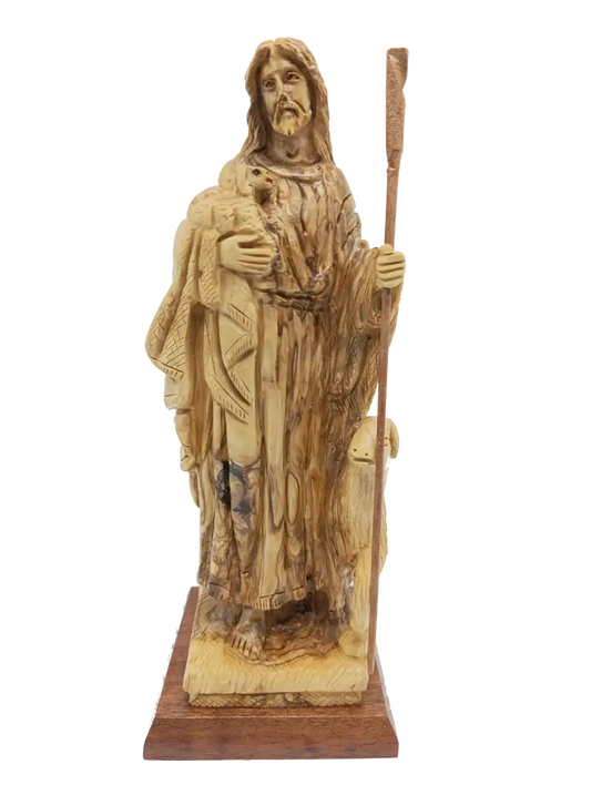 The good shepherd olive wood statue of jesus with sheep from bethlehem holy land - figures