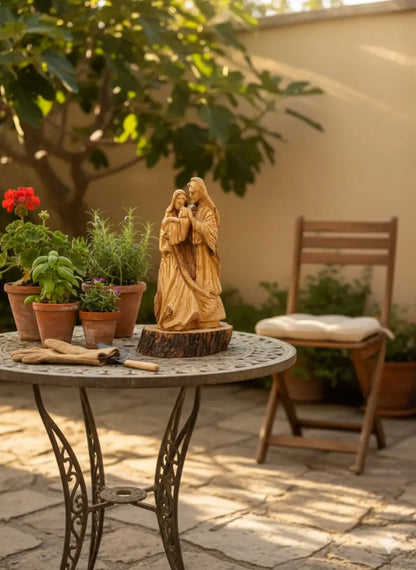 Hand carved holy family olive wood statue from bethlehem – authentic handmade christian figurine - figures