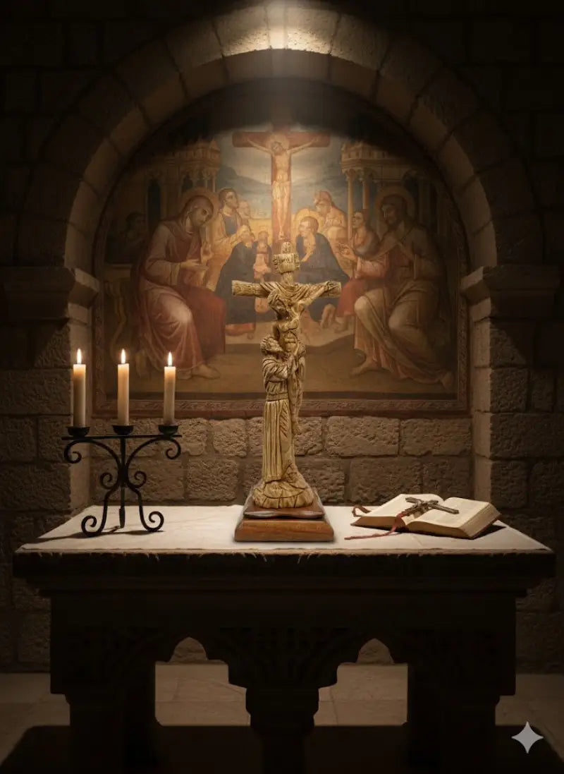 Hand-carved olive wood crucifix with saint figure from bethlehem – jesus on the cross large holy land christian