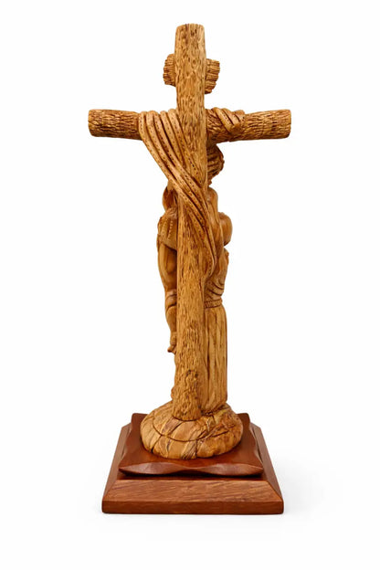 Hand-carved olive wood crucifix with saint figure from bethlehem – jesus on the cross large holy land christian